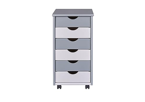 Inter Link – Rollcontainer – Rollcontainer mit 6 Schubladen – Bürocontainer - Rollschrank – Rollwagen – Schubladenkommode - Massiv Kieferholz – Grau/Weiß – BxTxH: 35x39x66 cm