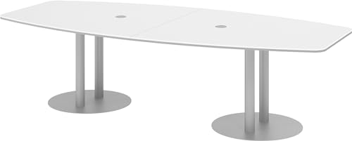 bümö Konferenztisch oval 280x130 cm großer Besprechungstisch in weiß, Besprechungstisch mit Säule in Silber, Meetingtisch für 10 Personen, XXL-Tisch für Besprechungsraum & Meeting
