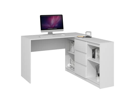 ADGO Plus 2D3S Computertisch Eckschreibtisch Schreibtischset Plus Kommode mit Stauraum 2 Schränke und 3 Schubladen, Arbeitstisch Bürotisch L-förmiger, Platzsparender (Versand in 3 Paketen) Weiße Matte