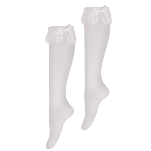 Damen Kniestrümpfe Lang Weiße Baumwolle Rüschen Socken Strumpfband Niedliche Spitze Prinzessinnen Socken Schuluniform Socken Lolita Socken für Mädchen 33cm