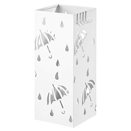 WOLTU Regenschirmständer aus Eisen, L20 x B20 x H49cm, Schirmständer mit Wasserauffangschale, 4 Haken für Taschenschirme, Weiß Rechteck SST02ws