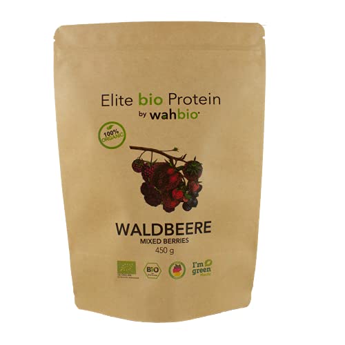 WAHBIO 100% Bio Whey Protein – Pulver mit WALDBEERE Geschmack (450g) – 4 Komponenten Bio-Protein-Pulver (Whey, Casein, Ei und Soja Komponenten) ohne Zucker, Süßungsmittel und Zusatzstoffe