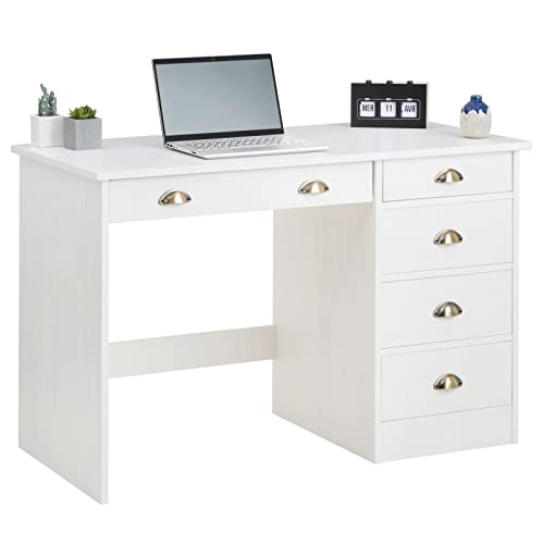 IDIMEX Schreibtisch Lana aus massiver Kiefer in weiß, schöner Computertisch mit 5 Schubladen, praktischer Bürotisch mit Muschelgriffe