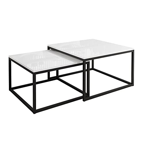 lukmebel Yoshi 2 in 1 Set 2-er Set Weiß Hochglanz HG Couchtisch Tisch Wohnzimmertisch moderner Kaffeetisch Sofatisch Beistelltisch Wohnzimmer Metall Metallrahmen (schwarz/weiß Hochglanz)