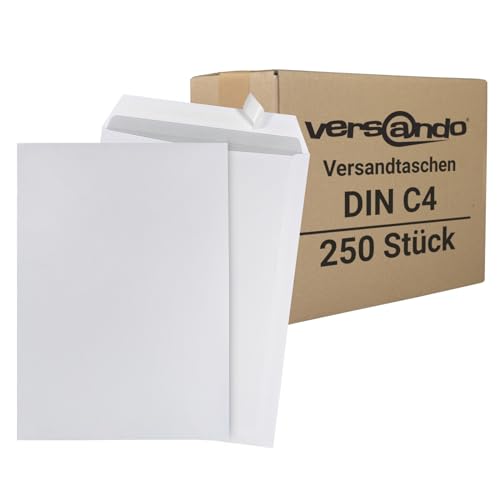 versando 250x C4 Versandtaschen ohne Fenster Briefumschläge weiß selbstklebend passend für DIN A4 (1 Karton)