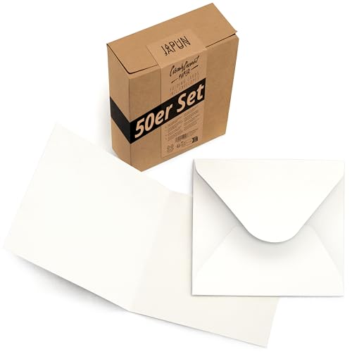 Japun - 50er Set quadratische blanko Falt-Karten inkl. Briefumschläge, Klapp-Karten zum gestalten, beschriften oder bedrucken - weiß