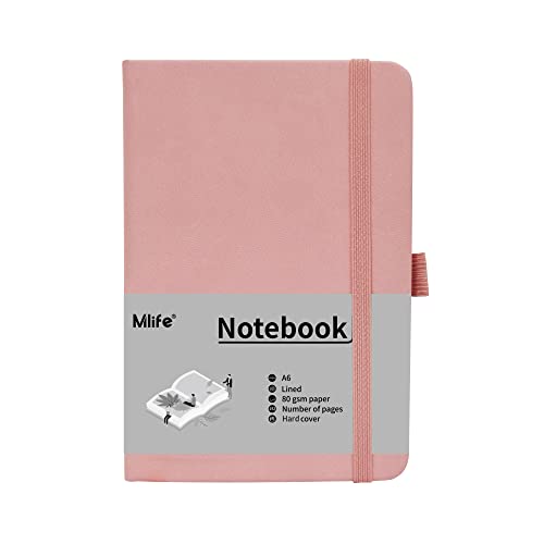 Mlife A6 Klein Journal Notizbuch, 192 Seiten, A6 Notizbücher Mini Hardcover mit elastischem Verschlussband und Falttasche (Rosa)
