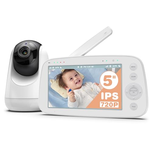FAKEME Babyphone mit Kamera 5 Zoll 720P IPS HD Display Video Baby Monitor, Nachtsicht, Lärm- und Temperaturalarme, Drinnen,Draussen 300M Reichweite, Zwei Wege Audio, 4500 mAh Akuu,110 ° Weitwinkel