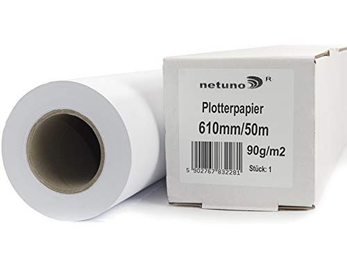 Netuno 1x Weiß Plotterrolle 610 mm x 50 m Plotterpapier 90g / m² Hülse 50 mm (2 Zoll) Qualitäts-Plotterpapier für Inkjet-Plotter Plotterpapier Universalpapier mit Plotterpapier Weiß hochwertig