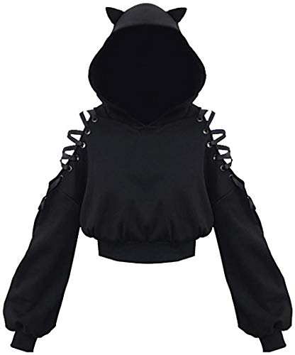 PANOZON Damen Hoodie Bauchfrei Pullover mit Katzenohren Hollow Out Gothic Sweatshirt Schwarz S