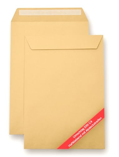 Vivopack® Versandtaschen DIN C4, große Briefumschläge ohne Fenster braun, 229× 324 mm, Umschlag groß | 50 Stück, Briefkuvert fensterlos, Briefumschlag haftklebend mit Schutzfolie, Envelope A4