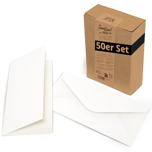 Japun - 50er Set blanko Falt-Karten inkl. Briefumschläge, Klapp-Karten zum gestalten, beschriften oder bedrucken - DIN lang - weiß