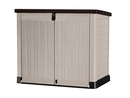 Keter Store it Out Pro Mülltonnenbox mit Gasdruckfeder, wetterfest, abschließbar, beige, 1.200 L, 145,5 x 82 x 123cm, passend für 2x240l Abfalltonnen
