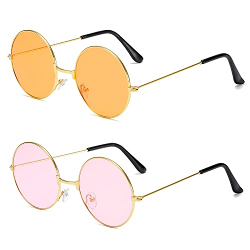Karjiaja 2 Paar Hippie Gläser, Sonnenbrille Retro Vintage Hippie Brille Rosa Runde Sonnenbrille Kostüm Brille Hippie Sonnenbrille für Kinder Herren Damen Frauen Brille, Rose Gold Rahmen