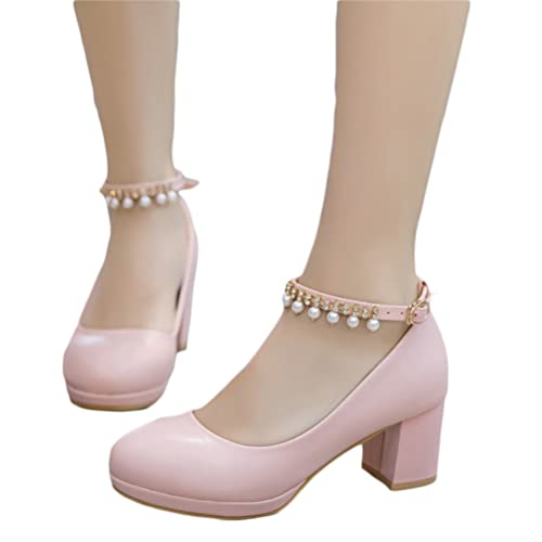 Onsoyours Damen Mary Jane Schuhe High Heels Pumps mit Blockabsatz Schuhe mit Perlen und Blumen A Rosa 36 EU