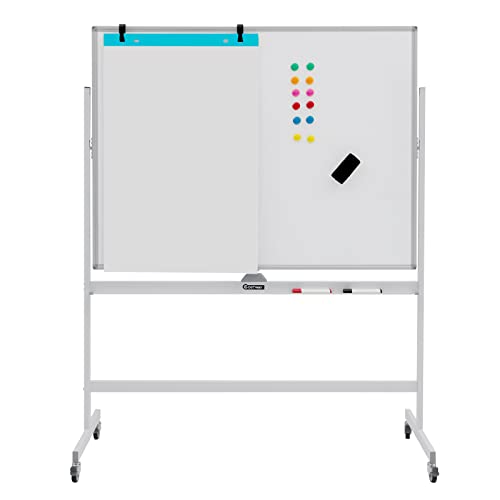 COSTWAY Doppelseitiges mobiles Whiteboard, 120 x 90 cm, höhenverstellbares magnetisches Whiteboard mit Rädern & Ständer, rollende Weißtafel inkl. Zubehör für Klassenzimmer Büro Hause