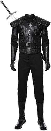 Kostüm für Herren, Geralt von Rivia, Kostüm, Erwachsenenkostüm, Hexe, Kampf, Lederanzug, schwarz, komplettes Set Outfits (Farbe: Schwarz, Größe: S)