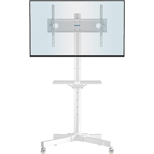 BONTEC Mobiler TV Ständer auf Rollen für 23-60 Zoll Plasma/LCD/LED Fernseher, Tragbarer TV Ständer mit Tablett, Höhenverstellbares Rollbarer TV Wagen bis zu 25kg, max. VESA 400x400mm (Weiß)