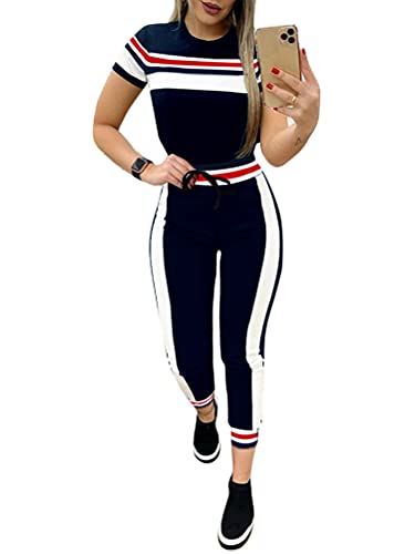 Tomwell 2-Teiliger Sportanzug Damen Sommersport Top Und Laufhose Set Trainingsanzug Freizeitanzug Sportbekleidung Yoga Outfit Gym Set B Blau XL