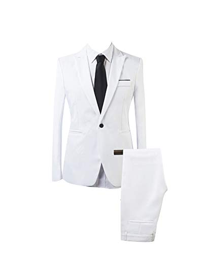 Herren 2 Teilig Slim Fit Business Casual Anzug Jacke Hose Weiß XL