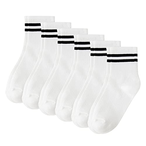 6 Paar Damen Streifen Tennissocken Cotton Crew Socken Retro Casual Socken Sportsocken für Mädchen 39-42 (Weiß)