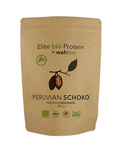 WAHBIO 100% Bio Whey Protein – Pulver mit SCHOKOLADE Geschmack (450g) – 4 Komponenten Bio-Protein-Pulver (Whey, Casein, Ei und Soja Komponenten) – ohne Zucker, Süßungsmittel und Zusatzstoffe