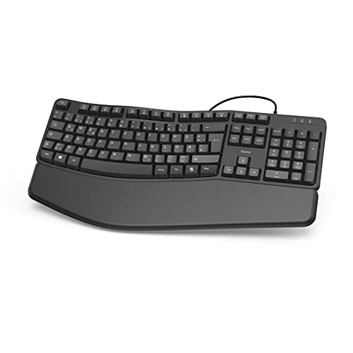 Hama ergonomische Tastatur (Handballenauflage Tastatur, Tastatur kabelgebunden, Tastatur mit Handauflage, PC Tastatur, Tastatur ergonomisch, Tastatur USB, abnehmbare Handgelenkauflage) schwarz