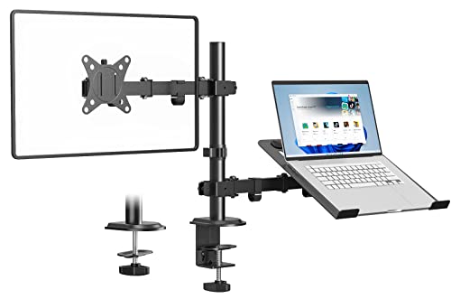 PUTORSEN Monitor Halterung mit Laptop Arm für 17 bis 32 Zoll LCD LED Bildschirm & max. 17 Zoll Notebook, Neigbare Drehbare Monitor Laptop Halterung, VESA 75x75-100x100mm, 2 Montageoptionen
