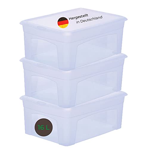 Novaliv 3x Aufbewahrungsboxen mit Deckel 16L transparente Boxen stapelbare Nestbar Storage boxes mit Clipverschluss Kunststoff BPA-frei 41x34x17 cm