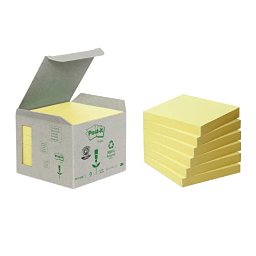 Post-it Recycling Notes Kanariengelb, Packung mit 6 Blöcken, 100 Blatt pro Block, 76 mm x 76 mm, Farbe: Gelb - Selbstklebende Notizzettel aus 100% Recyclingpapier
