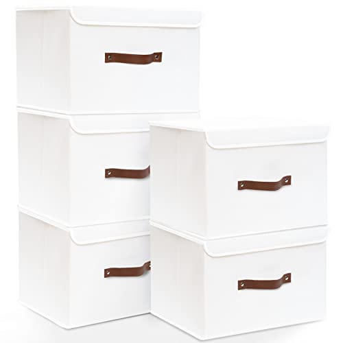 Yawinhe 5 Stück Aufbewahrungsbox mit Deckel, Faltbare Leinentuch Kleidung Ablagekorb für Handtücher, Bücher, Spielzeug, Kleidung (Weiß, 33x23x20cm)