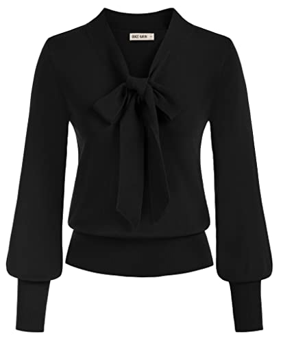 Damen Langarm Büro Bluse Casual Shirt Elastisch Vintage Retro Sweatshirt Schwarz XXL