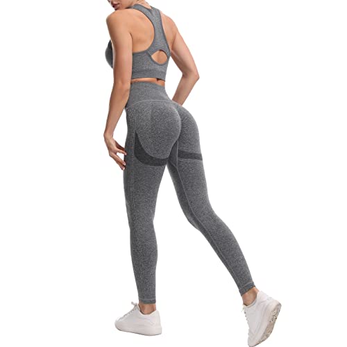 JOJOANS Damen 2-teiliges Nahtloses Trainingsanzug Yoga Outfit Jogginganzug Set Freizeitanzug(Grau, L)