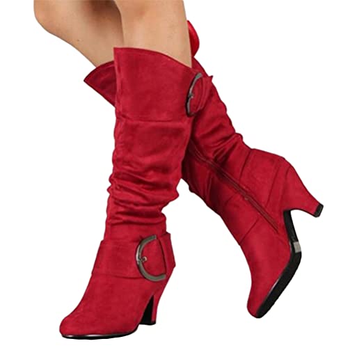 Onsoyours Damen Hohe Stiefel Lange Stiefel Wildleder Boots High Heels Sexy Herbst Winter Mode Elegant Chic Schuhe Rot 39 EU