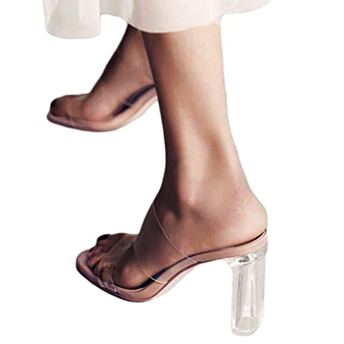 Minetom Damen Transparente Offene Sandalen High Heels Sandaletten Peep Toe Schuhe Slip on Hausschuhe Pantoffeln mit Blockabsatz C Aprikose 9cm Absatz 35 EU