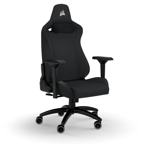 Corsair TC200 Gaming-Stuhl mit Stoffbezug, Standard Fit (Langanhaltenden Komfort, Bezug aus Weichem Stoff, Integrierte Lendenstütze aus Schaumstoff, 4D-Armlehnen) Schwarz/Schwarz