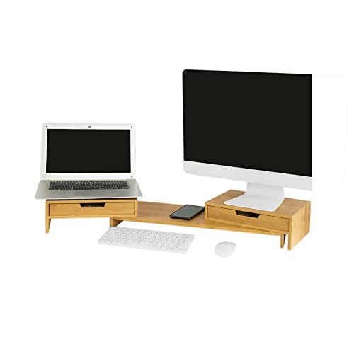 SoBuy BBF04-N Design Monitorerhöhung für 2 Monitore Monitorständer Bildschirmständer Notebookständer Schreibtischaufsatz mit 2 Schubladen breitenverstellbar Bambus BHT ca.: 60-108x11x22cm