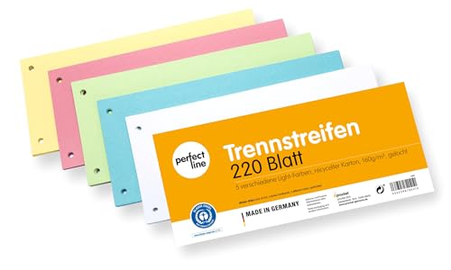 perfect line • 220 Trennstreifen für Ordner A4, Trennblätter aus Recycling-Karton, MADE IN GERMANY, 5 Farben, gelocht