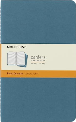 Moleskine Cahier Journal, Set mit 3 Notizbüchern mit linierten Seiten, Kartonumschlag mit sichtbaren Baumwollstichen, Farbe Lebhaftes Blau, Großformat 13 x 21 cm, 80 Seiten