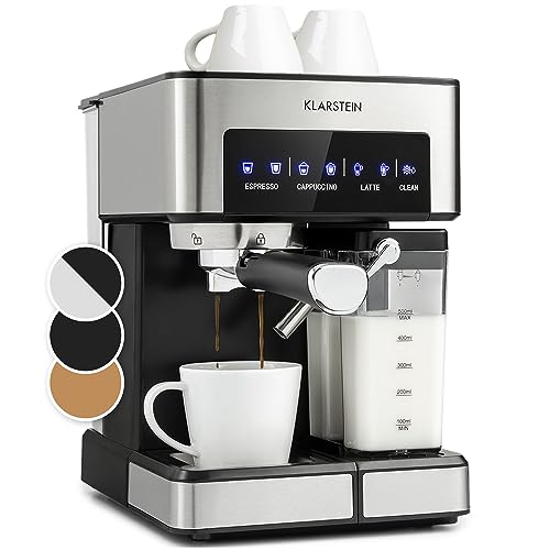Klarstein Espresso Siebträgermaschine mit Milchaufschäumer, 1,8L Mini-Espressomaschine mit Siebträger, 20 Bar Edelstahl-Kaffeemaschine Klein, 0,5L Milchtank, 1350W für Gemahlenen Kaffee