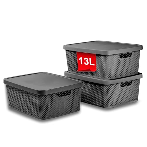 astor24 PREMIUM 3er XXL Set Aufbewahrungsbox Korb mit Deckel Organizer Ideal für Büro, Kleiderschrank, Schrank, Küche & Haushalt (Anthrazit, 3er Set 13 Liter)