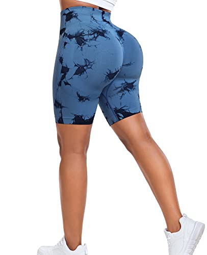 Yaavii Kurze Leggings Damen Scrunch Butt Sport Shorts High Waist Push Up Sportleggins für Gym Fitness Workout Yoga Tie Dye Blau L