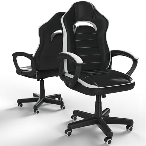 Flamaker Gaming Stuhl Bürostuhl Gamer Stuhl 150 kg Belastbarkeit Racing Stuhl Ergonomischer Computerstuhl Drehstuhl Rennstuhl Lederstuhl PC (Weiß)
