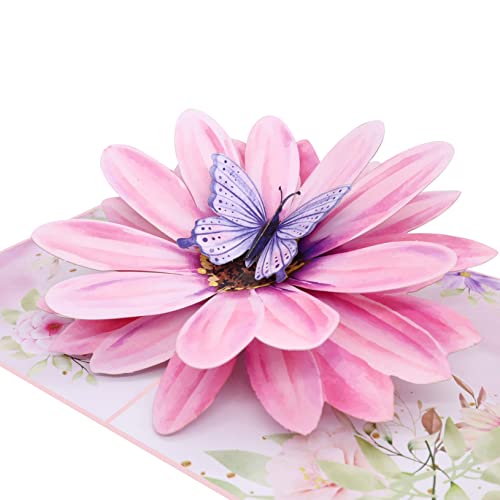 MOKIO® Pop-Up Blumenkarte – Blume mit Schmetterling – 3D Geschenkkarte zum Geburtstag, als Gutschein oder zur Genesung, Blumen Grußkarte mit Umschlag
