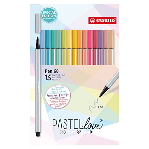 STABILO Zeichenstift Pen 68 – Kartonetui x 15 Pastellmalstifte, mittlere Spitze – Edition Pastellove
