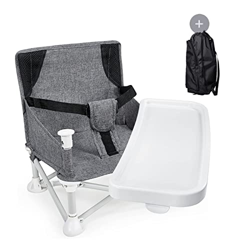 HB.YE faltbarer Kinderstuhl Babystuhl mit Abnehmbares Tablett, Gepolsterter Tischstuhl für zu Hause und Unterwegs, mit Transportbeutel (Grau verbesserte Version)