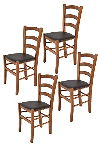 Tommychairs - 4er Set Stühle VENICE für Küche und Esszimmer, Struktur aus lackiertem Buchenholz im Farbton helles Nussbraun und gepolsterte Sitzfläche mit Kunstleder in der Farbe Mokka bezogen