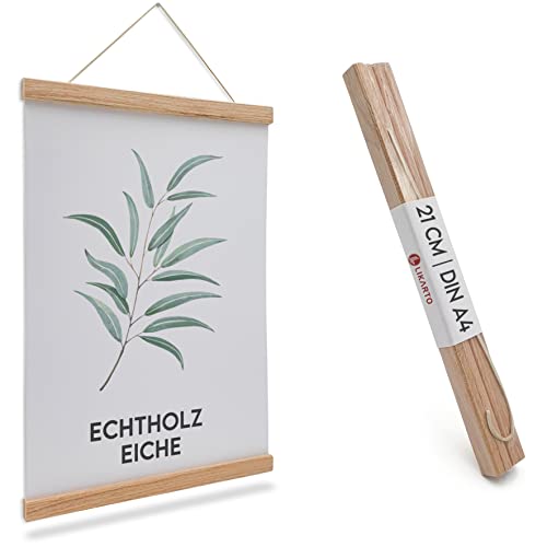 LIKARTO Premium-Posterleiste Holz Eiche A4 | 21 cm - Hochwertige magnetische Bilderleiste aus Echtholz inklusive Lederband - Einfaches Bilder aufhängen