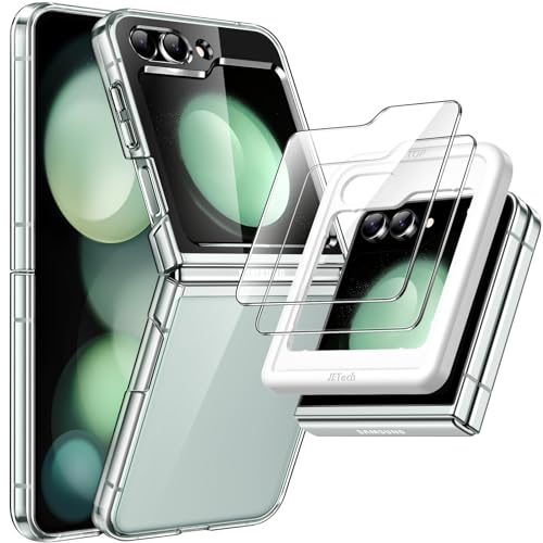 JETech 3 in 1 Hülle für Samsung Galaxy Z Flip 5 mit 2 Stück Gehärtete Glas Front Schutzfolie, Kristallklar Hart PC Shell Schutzhülle (Durchsichtig)