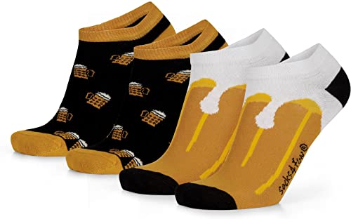 2 Paar Lustige Sneaker Socken mit verschiedenen Motiven und Farben bestehend aus Baumwolle, Polyamid und Elasthan Farbe Bier Größe 42-47